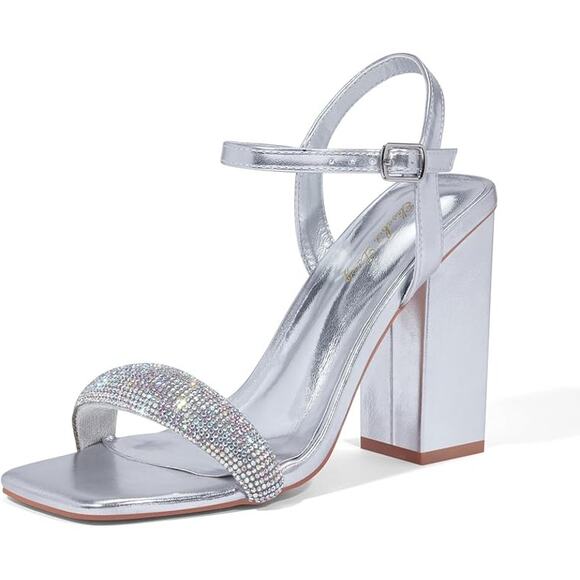 Elisabet Tang Shoes - Elisabet Tang Rhinestone Ankle Strap Silver Block Heels Square Sandal Shoe